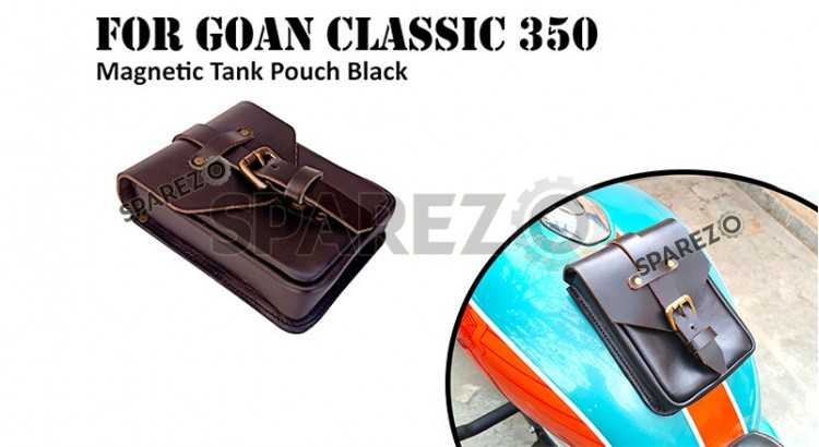 Fit For Royal Enfield Goan Classic 350 Leather Magnetic Tank Pouch Black Color - SPAREZO